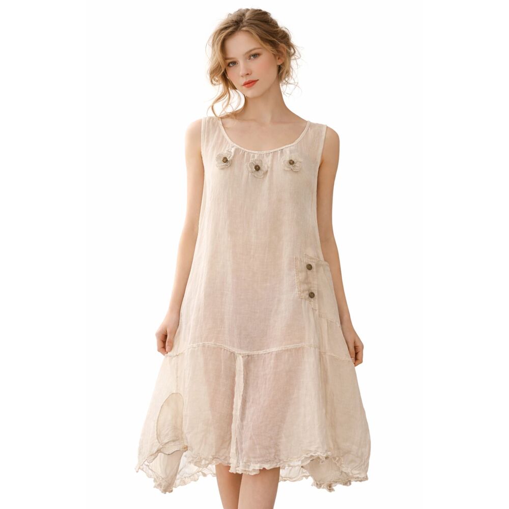 Cream Ramie Dress Semi Sheer Floral Applique Asym Hem Lagenlook Sleeveless L